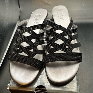 London Fog “Ellen” Black Sequined Sandals Slide On With 2” Wedge Strappy Work